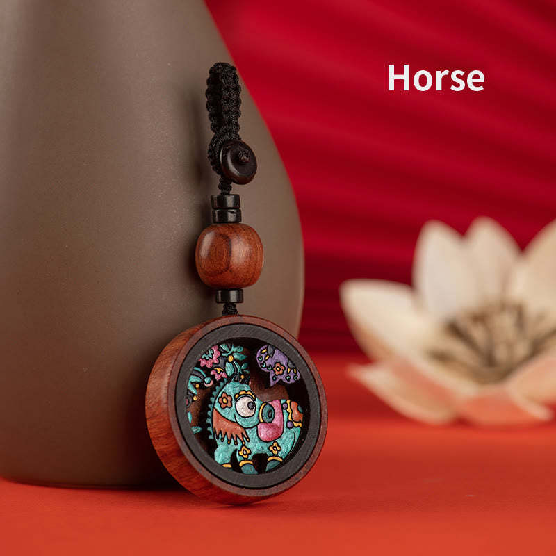 Year Of The Dragon Hand Painted Chinese Zodiac Rosewood Carved Calm Key Chain