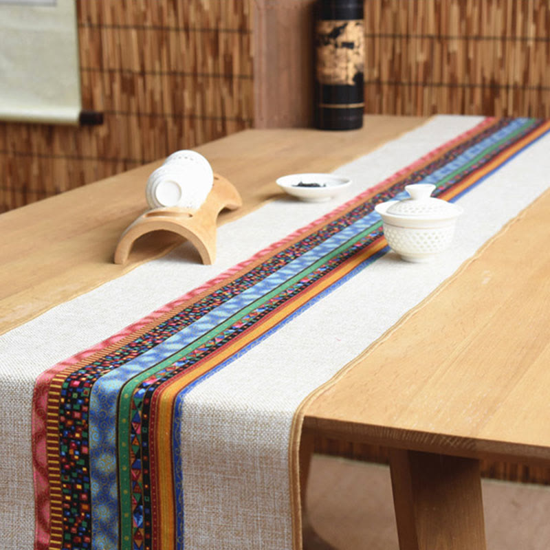 Classic Chinese Style Lotus Koi Fish Flower Crane Calligraphy Enlightenment Cotton Linen Tassels Table Runner