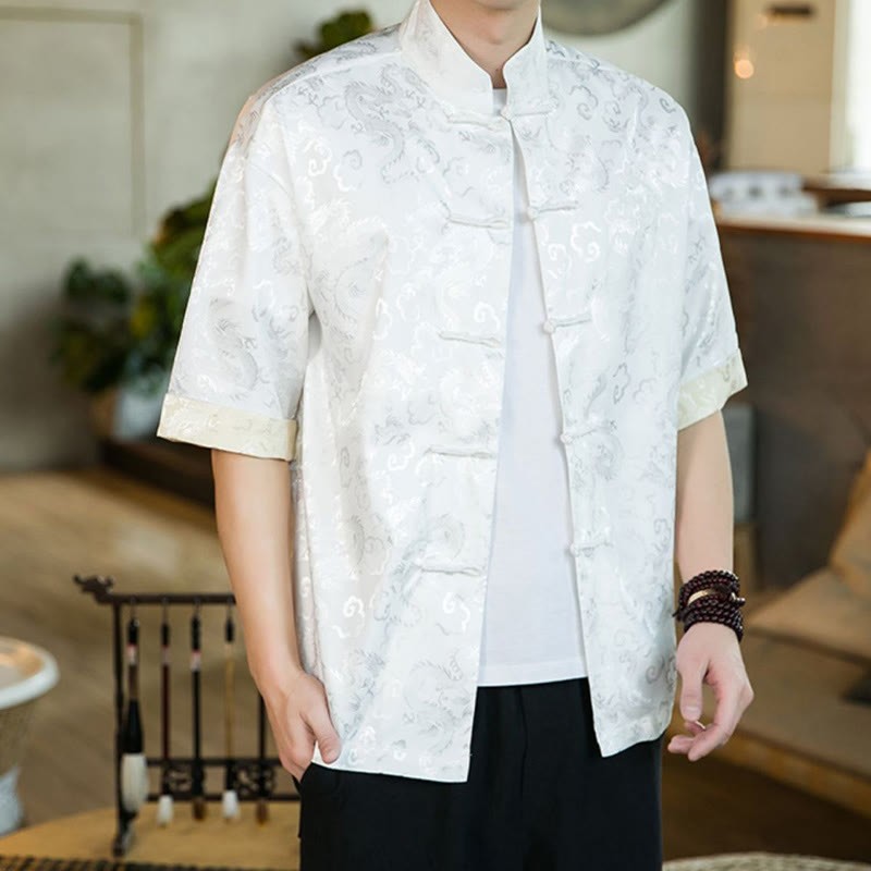 Chinese Tang Suit Frog-button Dragon Print Men's Half Sleeve Shirts