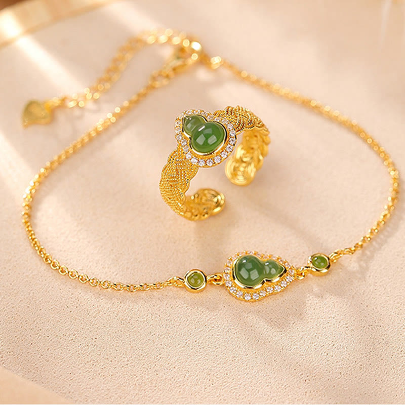 925 Sterling Silver Plated Gold Natural Hetian Cyan Jade Gourd Luck Bracelet Ring Set