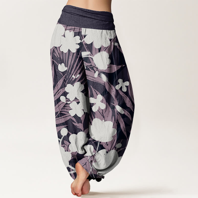 Long Leaves Flowers Pattern Design Women's Elastic Waist Harem Pants