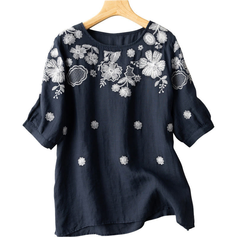 Casual Embroidered Petals Women's Crew Neck Design Half Sleeve Cotton T-Shirt