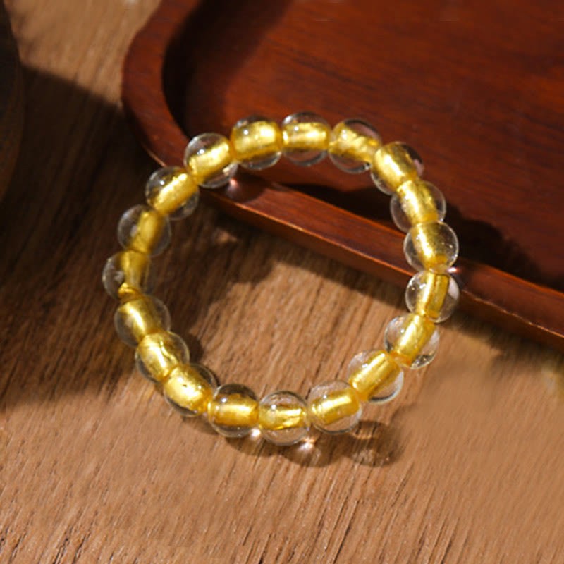 Gold Swallowing Beast Family Charm Gold Foil Liuli Glass Bead Fortune Bracelet