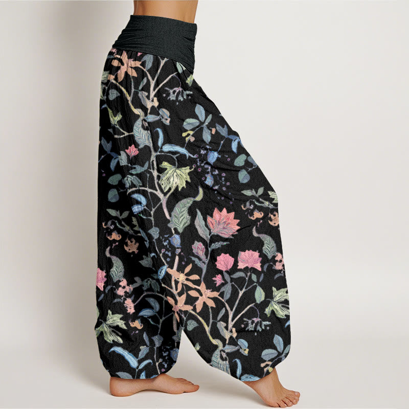 Floral Leaf Vine Design Women's Elastic Waist Harem Pants
