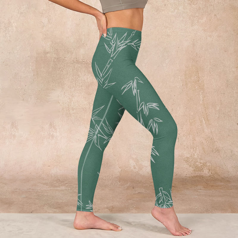 Green White Bamboo Leaves Print Gym Leggings Women's Yoga Pants
