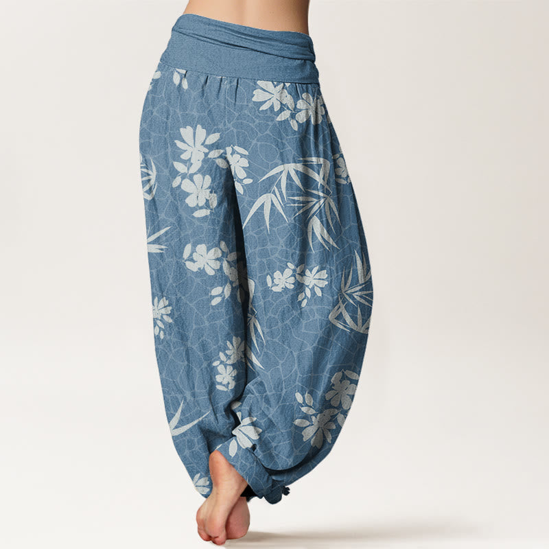Bamboo Flowers Pattern Women's Elastic Waist Harem Pants