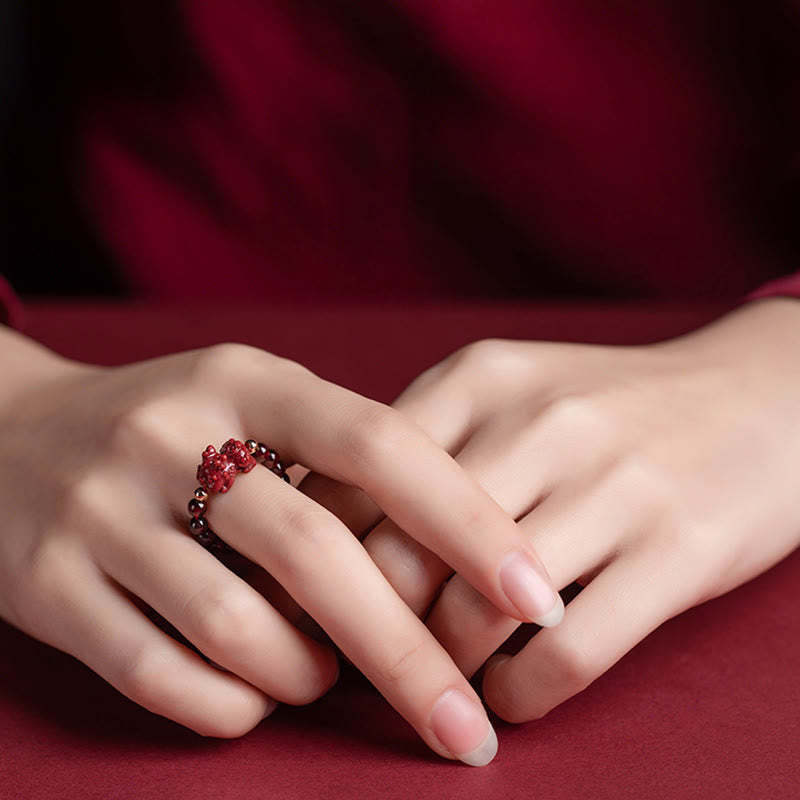 Garnet Cinnabar Lucky Bead PiXiu Om Mani Padme Hum Rose Protection Ring