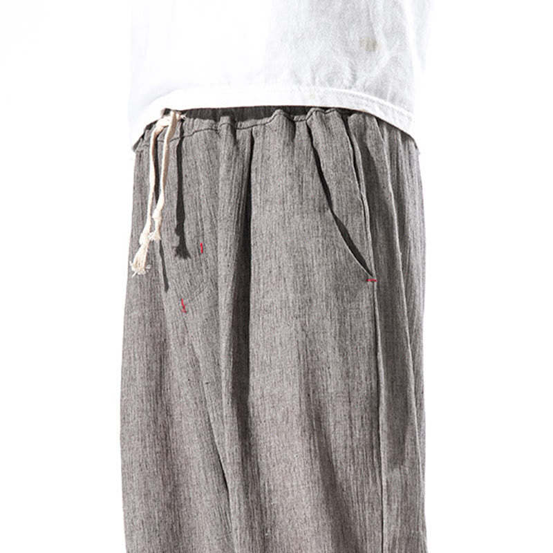 Casual Solid Color Drawstring Linen Men's Pants With Pockets