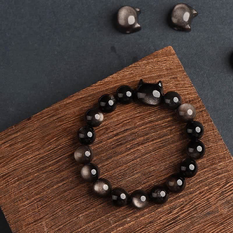 Gold Sheen Obsidian Silver Sheen Obsidian Lovely Paw Lucky Cat Protection Bracelet