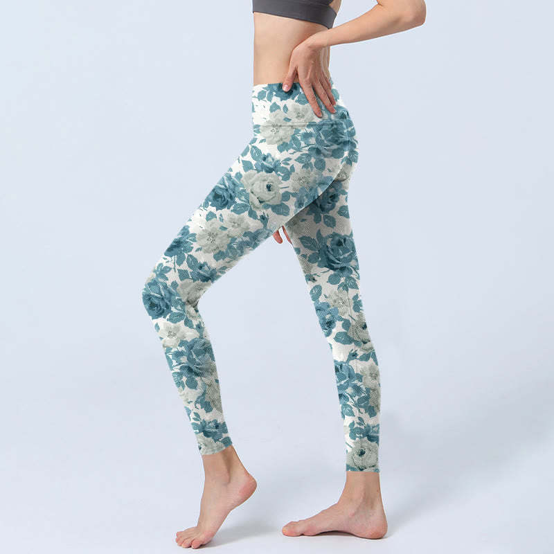 Green White Flower Gym Leggings Women's Yoga Pants