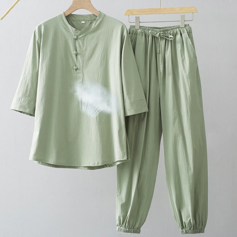 Frog-Button Three Quarter Sleeve Shirt Pants Men's Suit