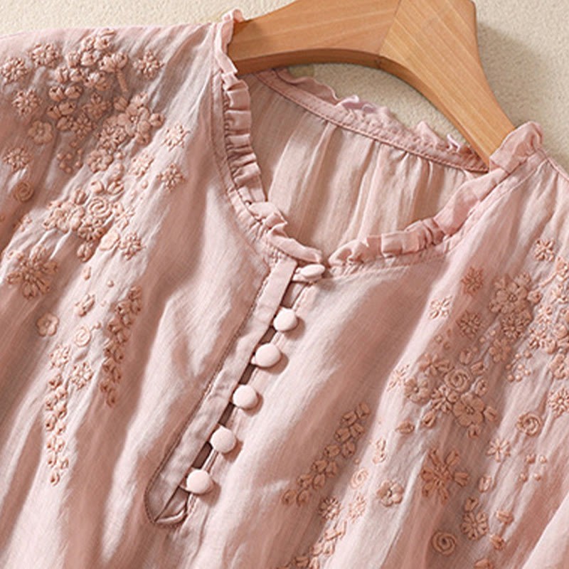 Casual Plain Button Floral Embroidered Design Puff Half Sleeve Cotton Linen Women's Shirt