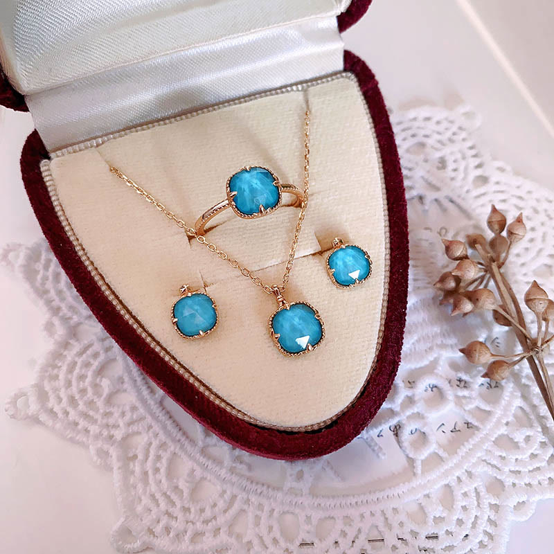 925 Sterling Silver Plated Gold Turquoise Protection Ring Earrings Necklace Pendant Set