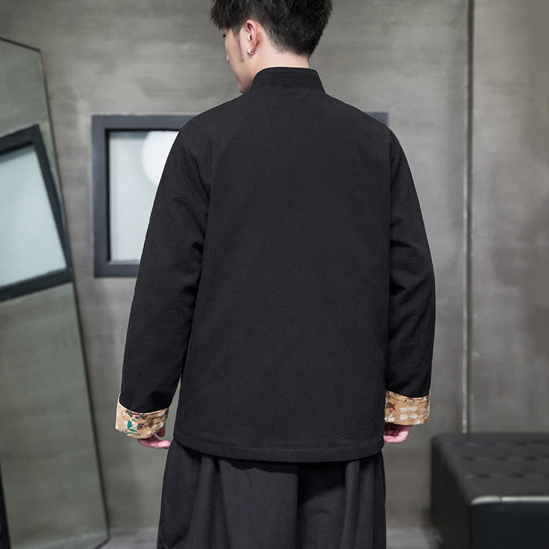 Plum Blossom Embroidery Cuff Flower Design Frog-button Tang Suit Cotton Linen Men's Jacket Shirt