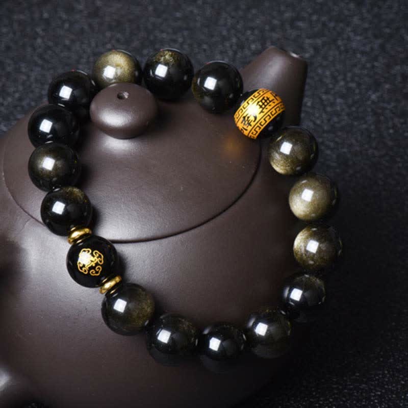 Chinese Zodiac Natal mystic zen Gold Sheen Obsidian Wealth Protection Bracelet