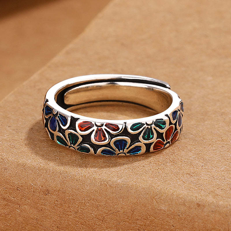 Colorful Plum Blossoms Design Healing Copper Adjustable Ring