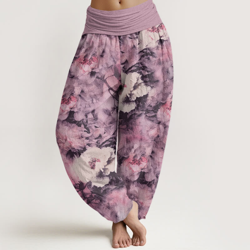 Casual Elegant Peony Flowers Women's Elastic Waist Harem Pants
