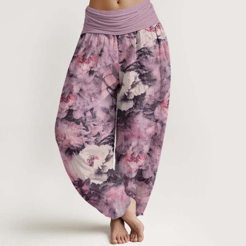 Casual Elegant Peony Flowers Women's Elastic Waist Harem Pants