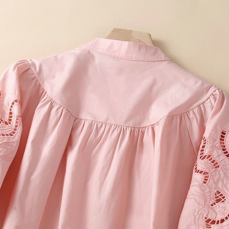 Casual Embroidery Flower Hole Design Three Quarter Sleeve Cotton Linen Women's Shirt