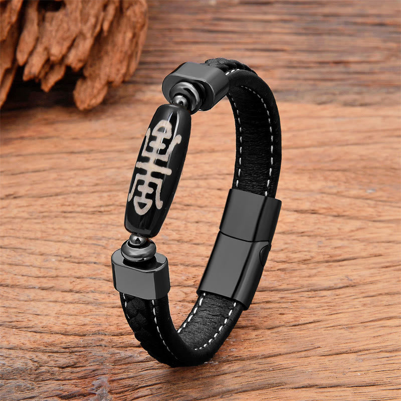 Tibetan Dzi Bead Protection Blessings Leather Bracelet