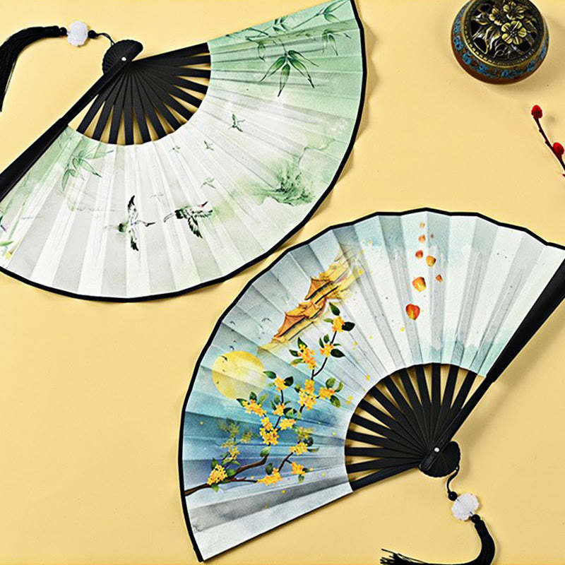 Vintage Phoenix Nine-Tailed Fox Flower Bamboo Tiger Handheld Folding Fan Lotus Tassel Fan
