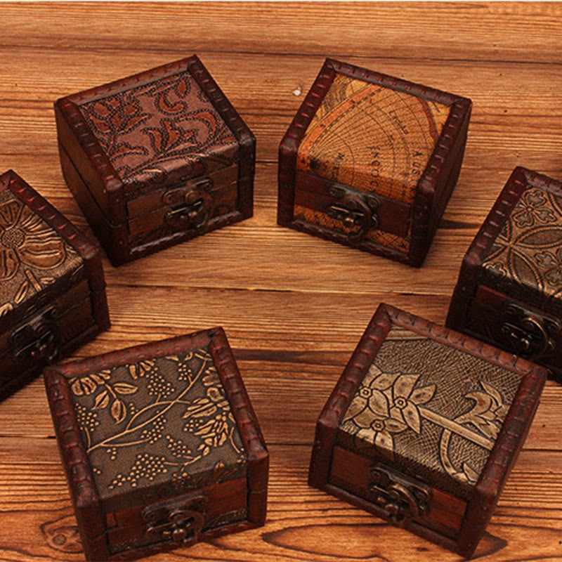 Retro Small Square Wood Jewelry Box Lotus Grass Flower Grape Copper Coin Daffodil Jewelry Storage Box