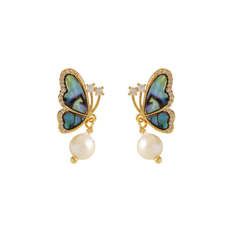 18K Gold Plated Copper Pearl Butterfly Love Stud Earrings