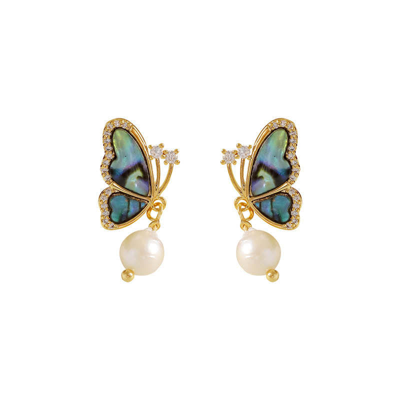 18K Gold Plated Copper Pearl Butterfly Love Stud Earrings