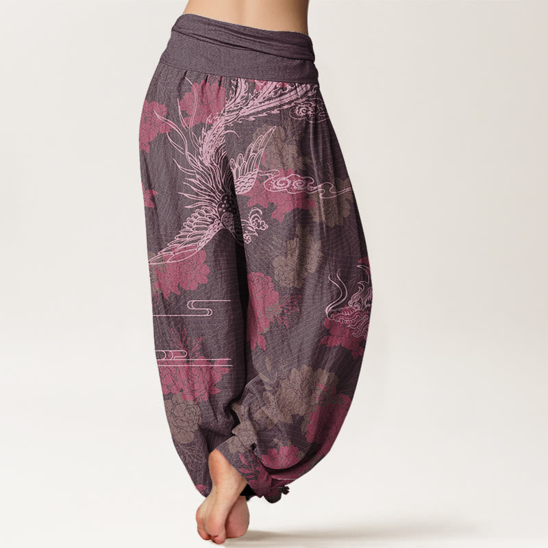 Dragons Roses Auspicious Clouds Phoenix Women's Elastic Waist Harem Pants