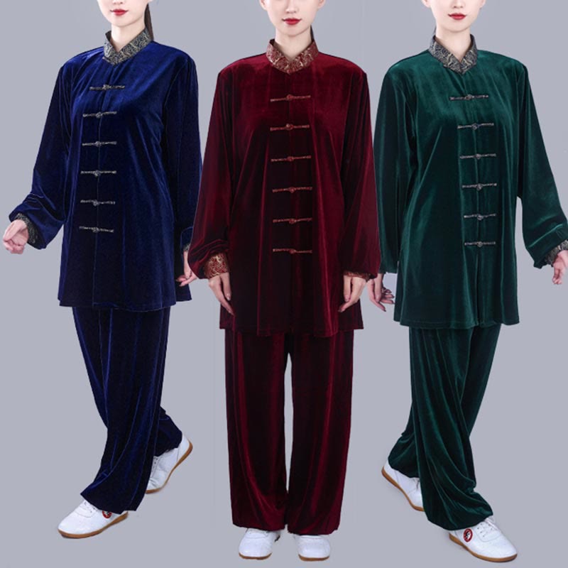2Pcs Fall Winter Tai Chi Qigong Auspicious Clouds Stand Collar Frog-Button Unisex Velour Meditation Clothing Set