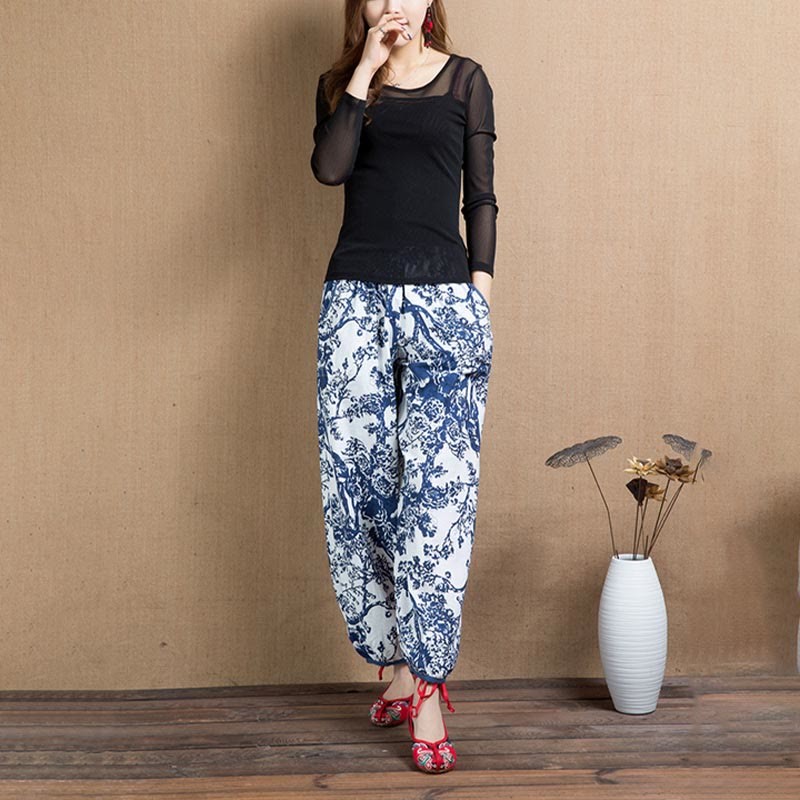 Blue Tree Flowers Print Harem Pants With Pockets