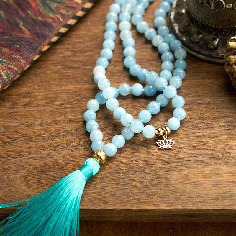 108 Mala Beads Natural Stone Aquamarine Tassel Lotus Healing Bracelet