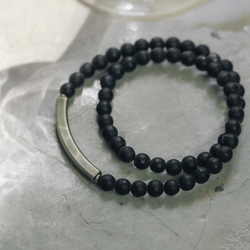 Frosted Cut Surface Black Onyx Copper Brass Double Wrap Protection Bracelet