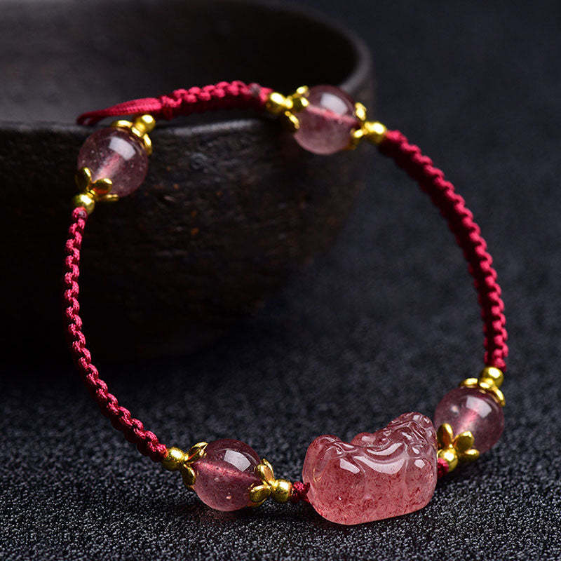Natural Strawberry Crystal Pixiu Charm Lucky Red String Bracelet