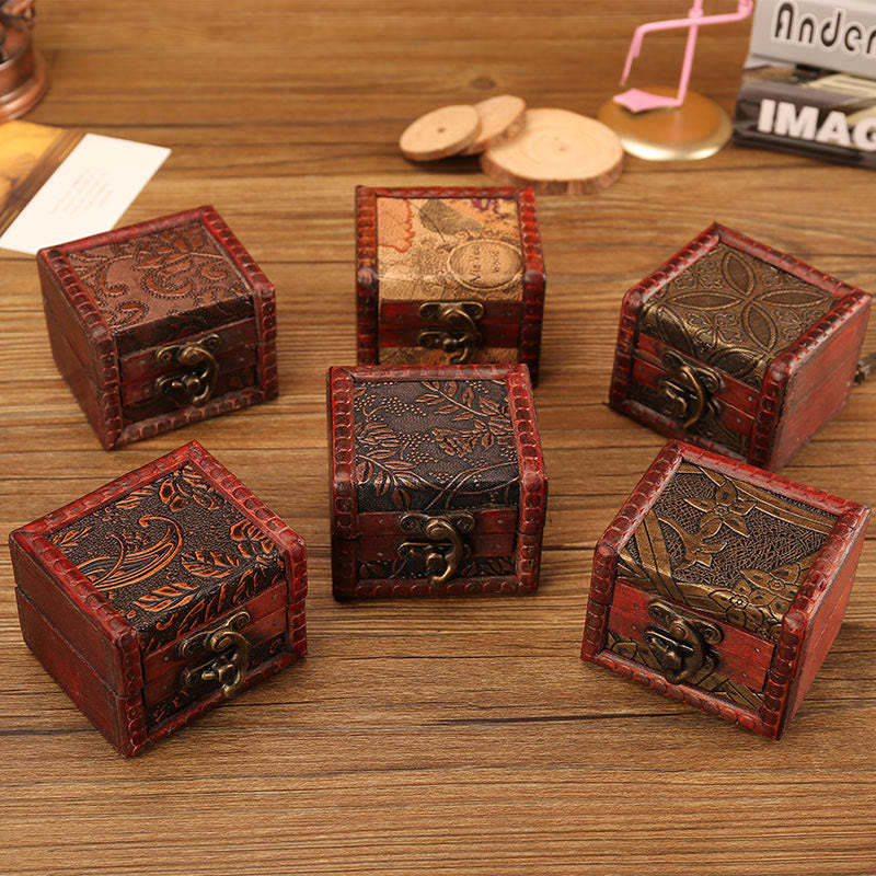 Retro Small Square Wood Jewelry Box Lotus Grass Flower Grape Copper Coin Daffodil Jewelry Storage Box