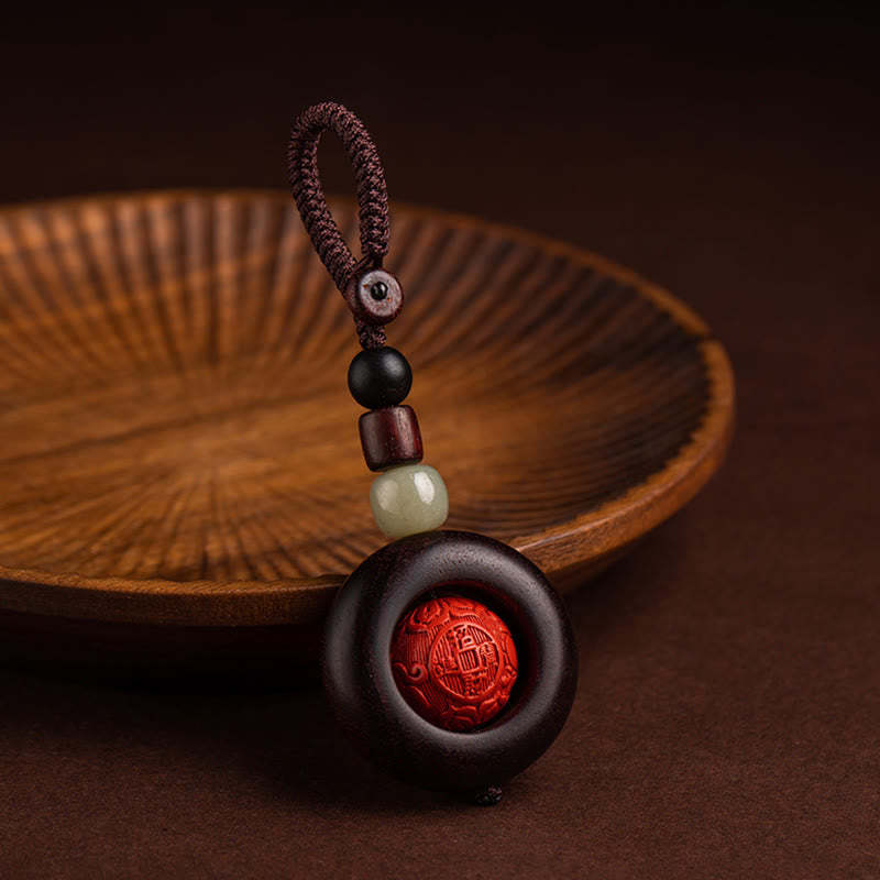 Tibet Om Mani Padme Hum PiXiu Copper Coin Small Leaf Red Sandalwood Cinnabar Protection Key Chain