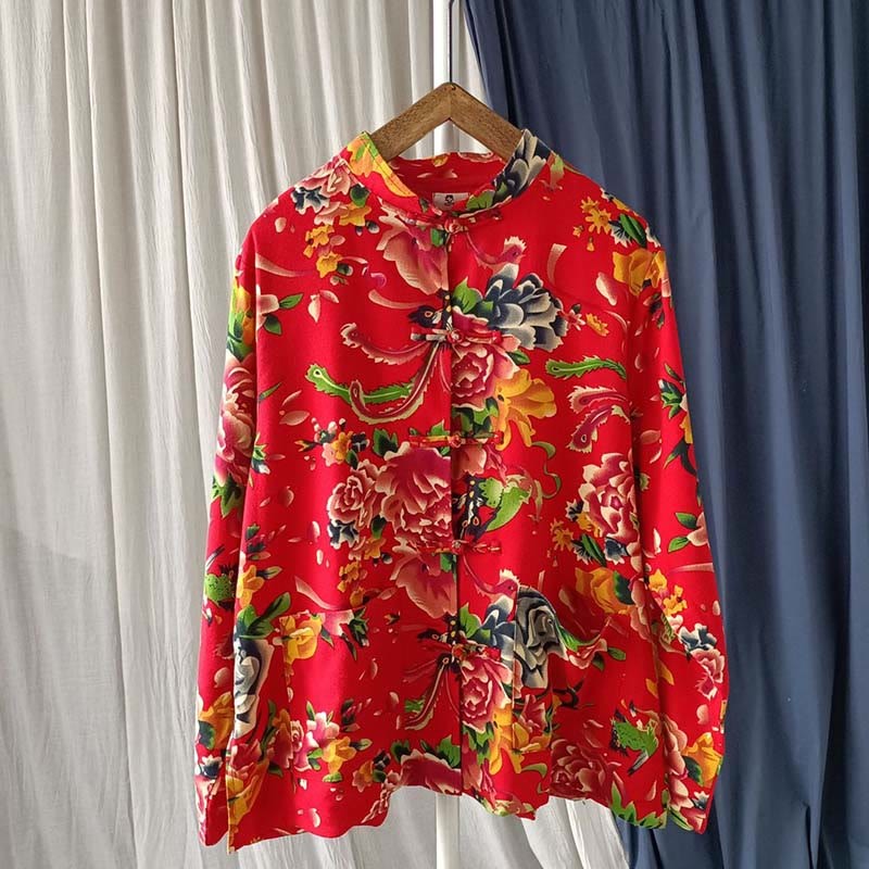 Ethnic Red Flower Peony Frog-Button Cotton Linen Long Sleeve Shirt Jacket With Pockets