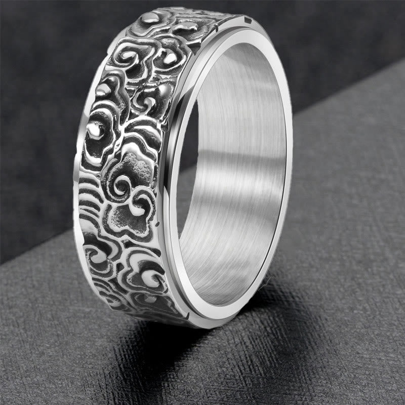 Auspicious Clouds Pattern Carved Titanium Steel Balance Rotatable Ring