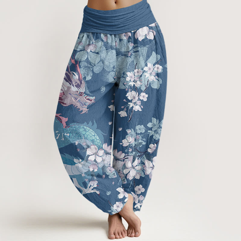 Casual Dragon Cherry Blossoms Women's Elastic Waist Harem Pants