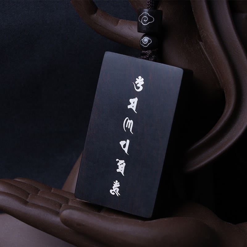 999 Sterling Silver Small Leaf Red Sandalwood Ebony Wood Om Mani Padme Hum Inlaid Protection Necklace Pendant