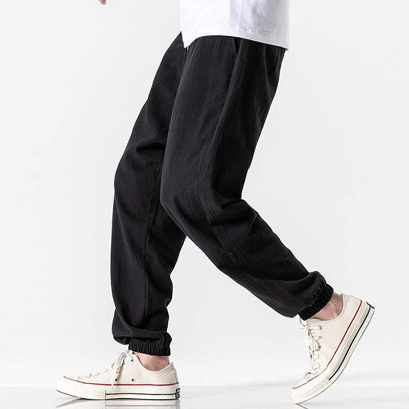 Solid Color Drawstring Cotton Men's Pants With Pockets