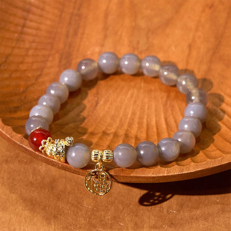 Year Of The Snake Gray Agate Red Agate Fu Character Positivity Bracelet