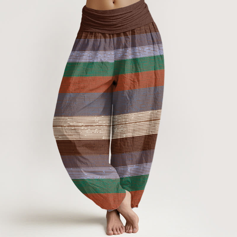 Casual Colorful Horizontal Stripe Pattern Women's Elastic Waist Harem Pants