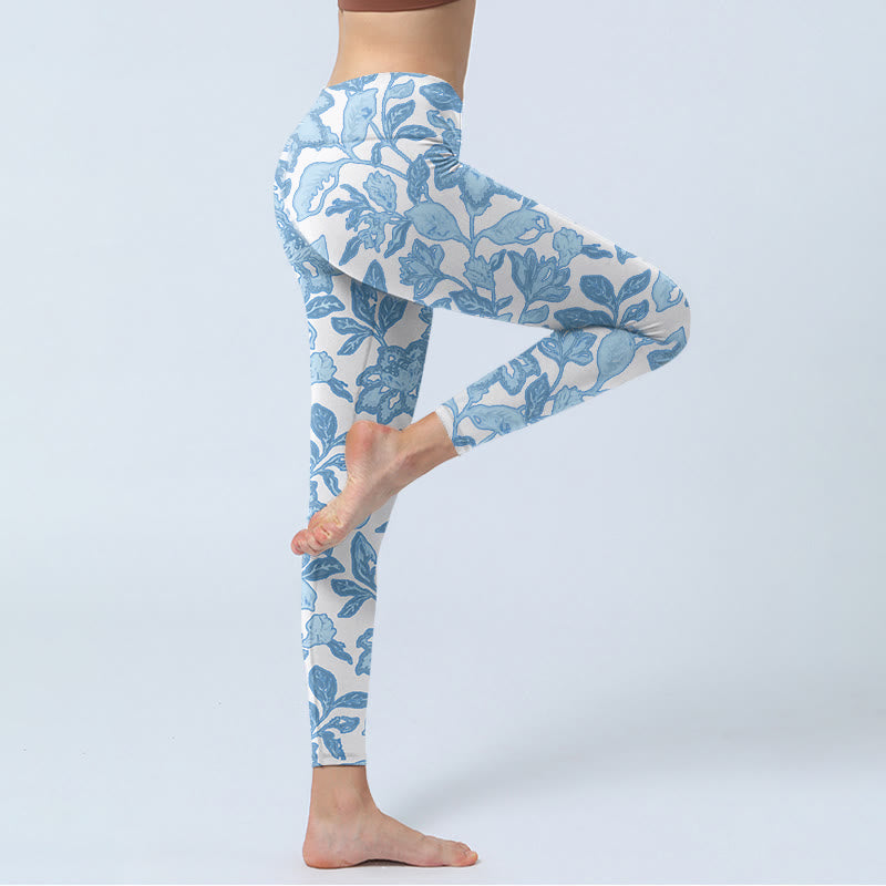 Pale Blue Flowers Leaves Print Sports Fitness Leggings Women's Yoga Pants
