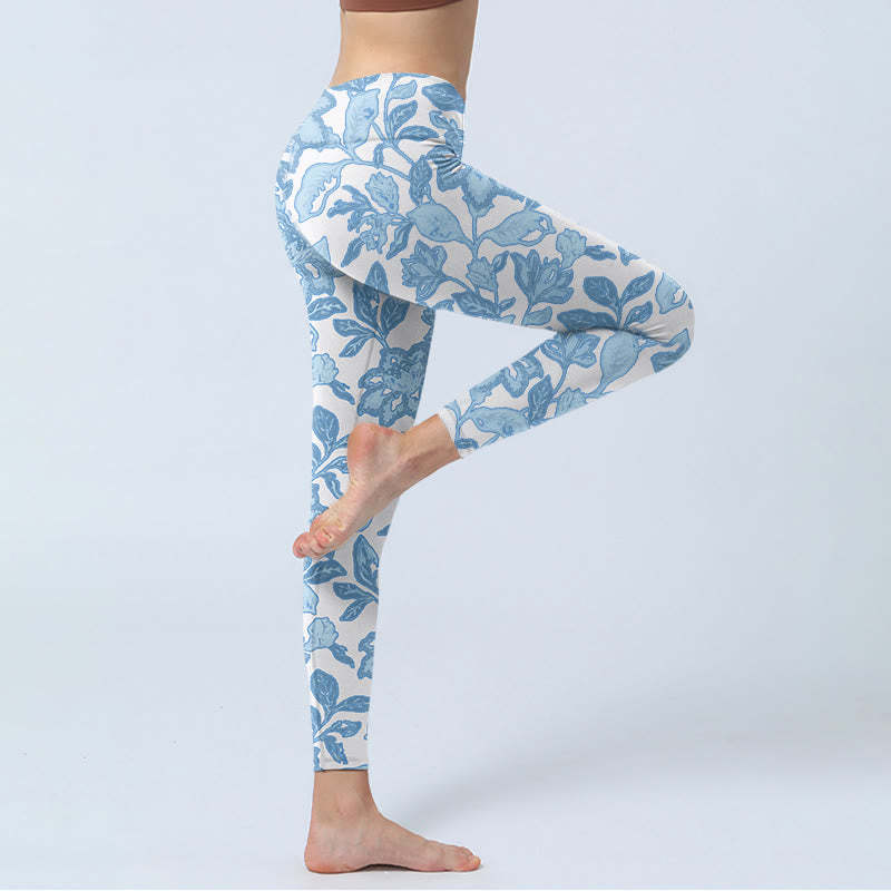 Pale Blue Flowers Leaves Print Sports Fitness Leggings Women's Yoga Pants
