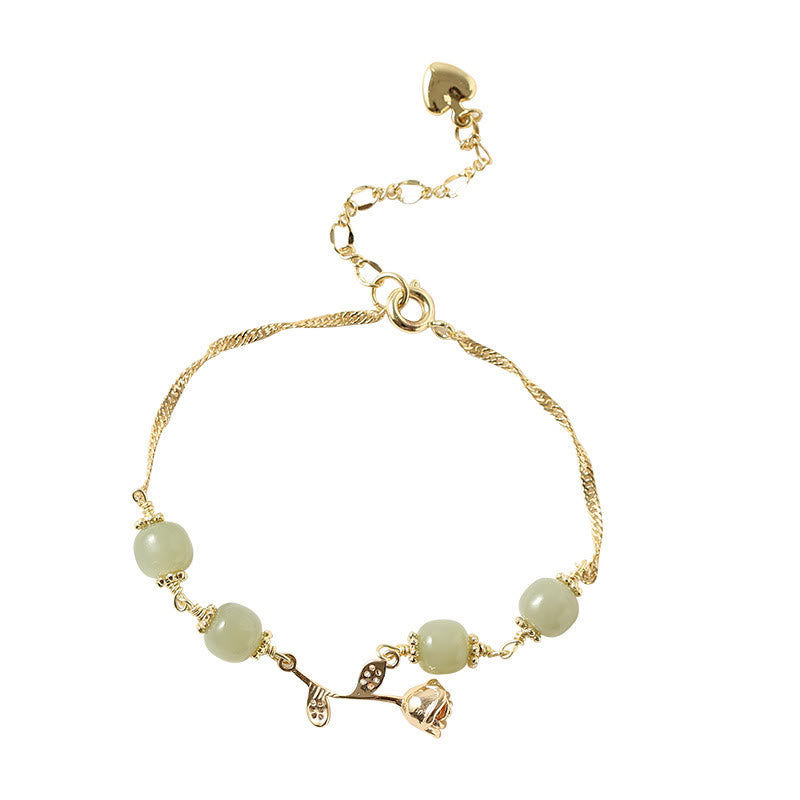 14K Gold Plated Hetian Jade Golden Rose Flower Luck Chain Bracelet