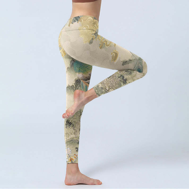 Peacock Auspicious Clouds Mountain Flowers Print Gym Leggings Women's Yoga Pants