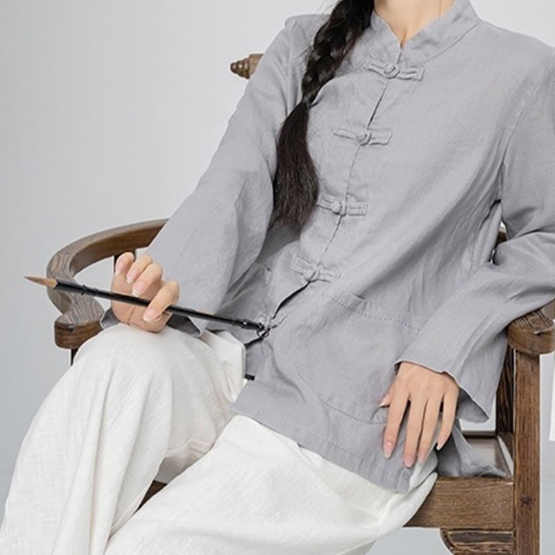 Solid Color Frog-button Long Sleeve Linen Women's Shirts With Pockets