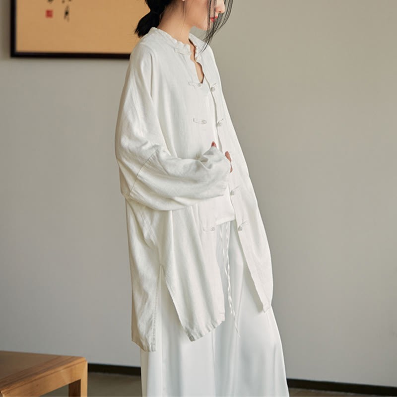 Plain Frog-Button Design Shirt Zen Tai Chi Meditation Top Clothing Cotton Linen Jacket