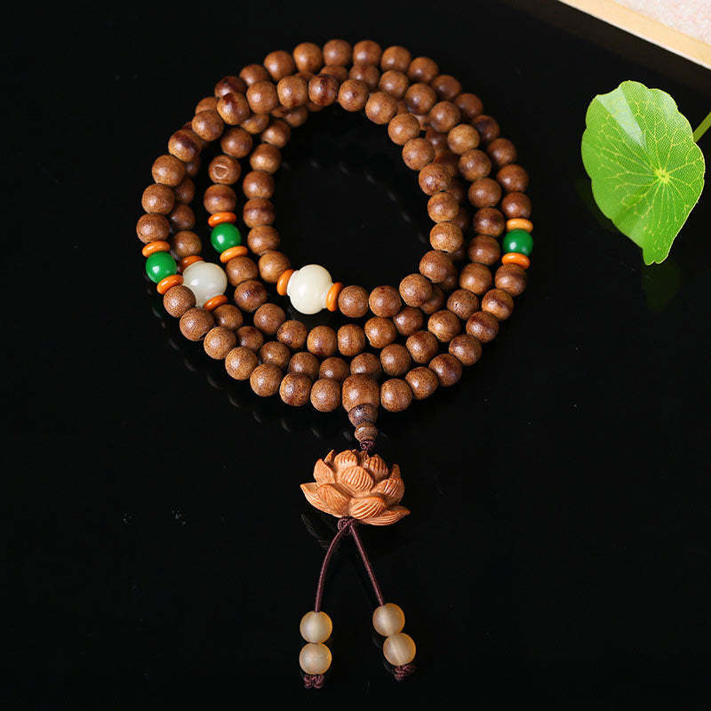 108 Mala Beads Peach Wood Bodhi?Seed Lotus Prayer Meditation Bracelet
